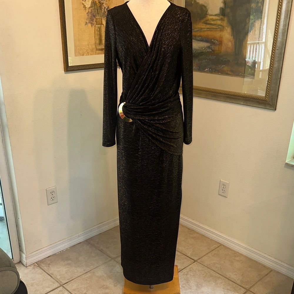 Nine West Long Sleeve Black Metallic Wrap-Front Evening Dress